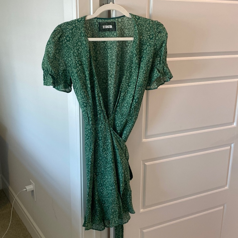 Reformation Green and White short sleeve mini wrap dress - size M